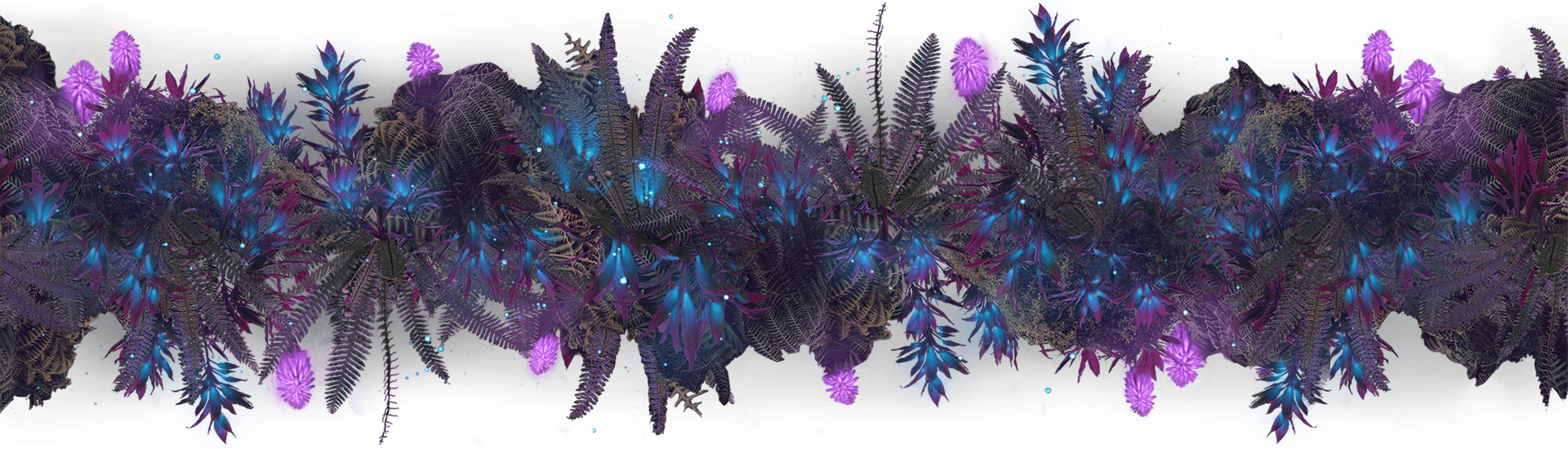 A decorative arrangement featuring glowing purple and blue foliage and flowers against a dark background, creating a mystical ambiance.